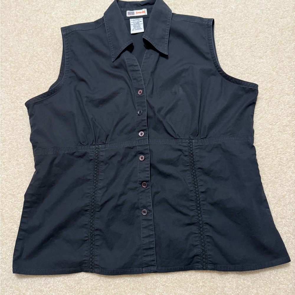Faded Glory Black Sleeveless Button Up Top Large